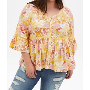 ✨2/$20 Torrid Rayon Embroidered Bell Sleeve Top Floral Yellow Plus Size 3X *Flaw